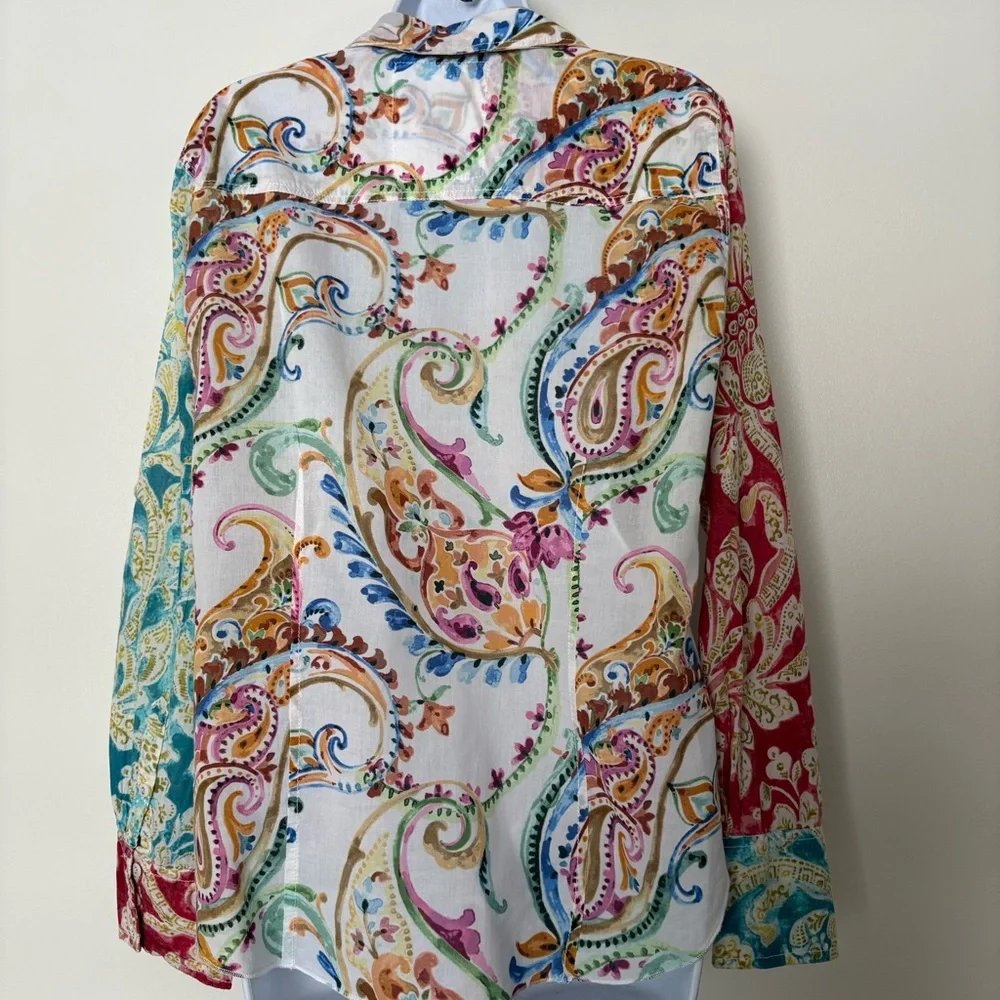 Cino Shirt Womens Colorful Paisley Boho Festival Roll Tab Sleeve Button Up Sz L - Picture 4 of 12
